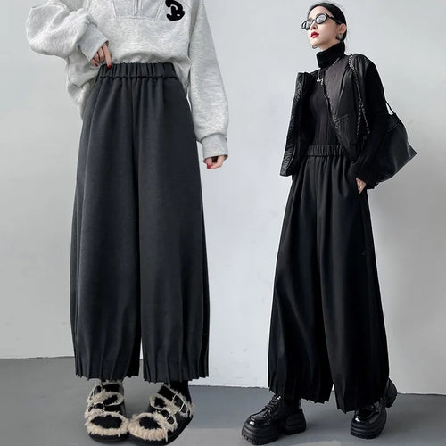 Load image into Gallery viewer, Women Black High Waist Pleated Woolen Ankle-length Pant Grey Versatile Wide Leg Trousers 2024 Autumn Winter Streetwear Simple
