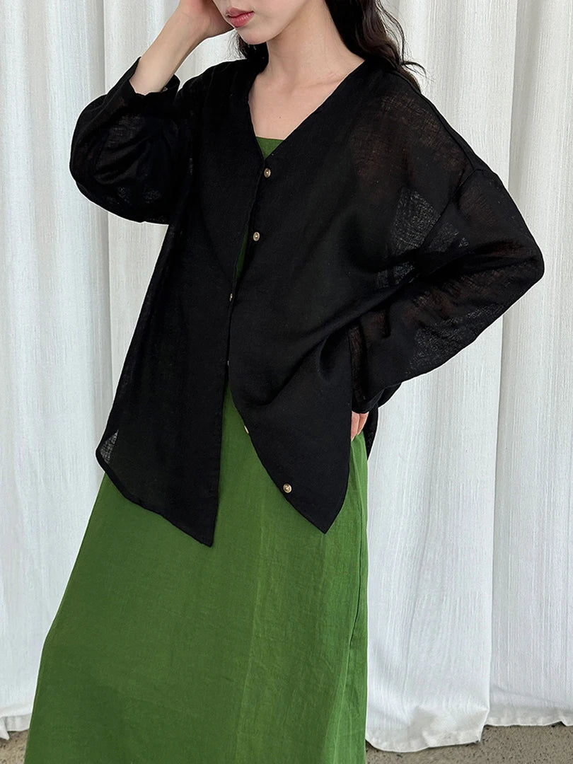 Women Gray Thin Casual Big Size Elegant Blouse New V-neck Long Sleeve Shirt Fashion Tide Spring Autumn 2025 1DJ1695