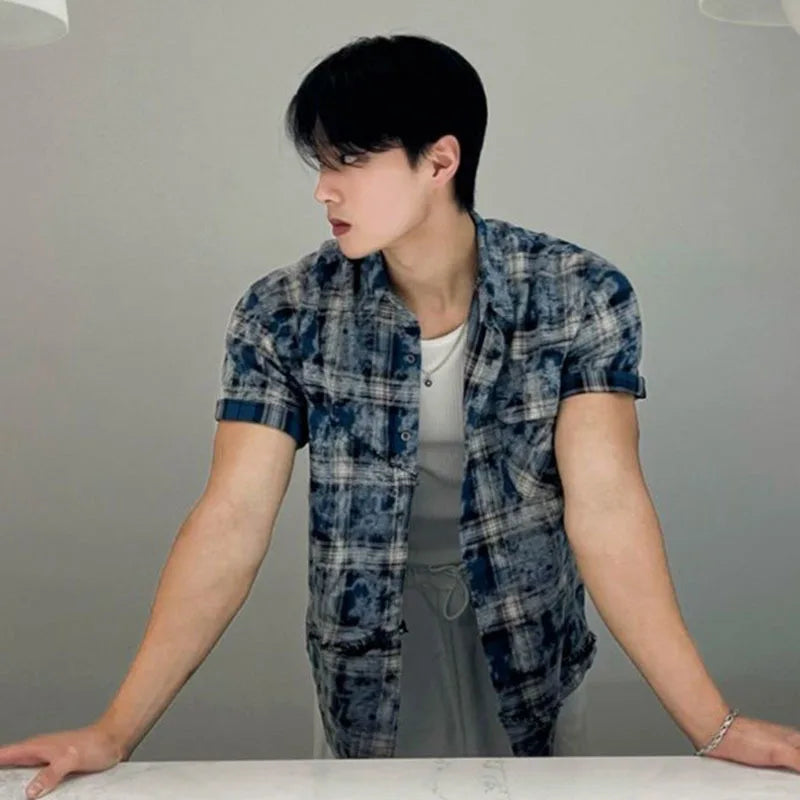 Men's Tie Dye Short Sleeve Shirts New Summer Loose Plaid Korean Turn-down Collar Trendy Male Clothing Loose Fiting 9W1626