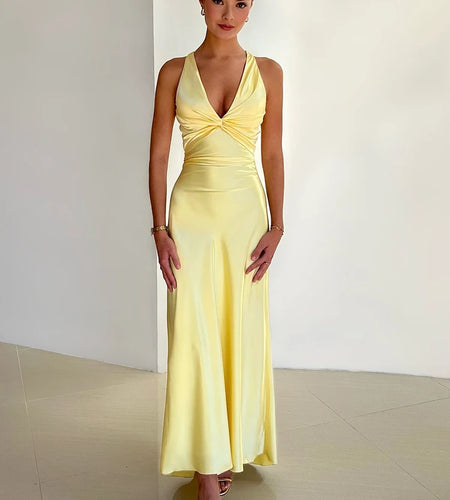 Satin Bow Backless Sexy Maxi Dress For Women Gown Fashion V Neck Sleeveless Club Party Evening Dress Elegant