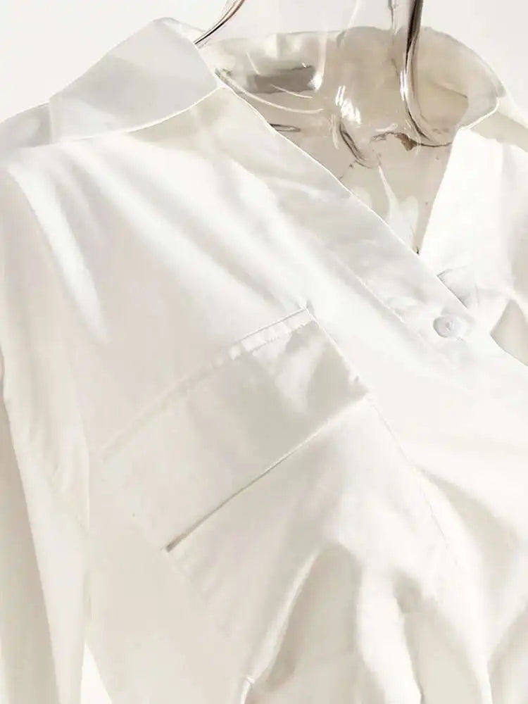 Women White Irregular Bandage Slit Shirt Dress New V-Neck Long Sleeve Loose Fit Fashion Tide Spring Autumn 2025 1DE9884