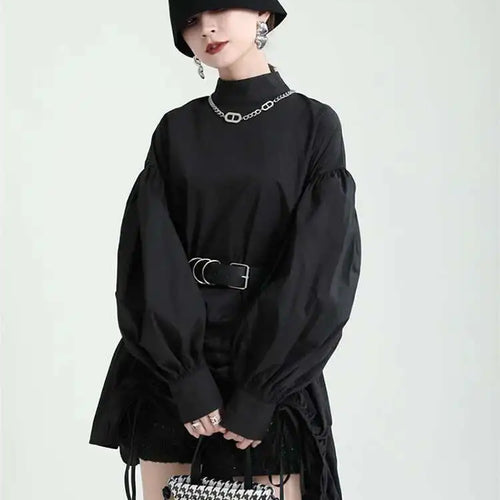 Load image into Gallery viewer, Women Balck Irregular Drawstring Big Size Dress New Stand Collar Long Sleeve Loose Fit Fashion Spring Autumn 2025 1Z18901
