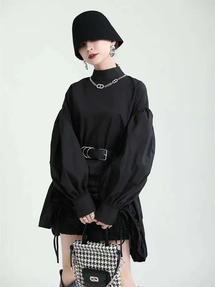 Women Balck Irregular Drawstring Big Size Dress New Stand Collar Long Sleeve Loose Fit Fashion Spring Autumn 2025 1Z18901