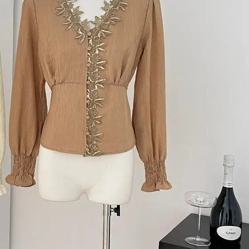 Load image into Gallery viewer, French New Ladies Slim Beige Patchwork Lace Single Breasted Short Blouse Tops Spring Brown Elegant V-neck Long Sleeve Shirt Chic
