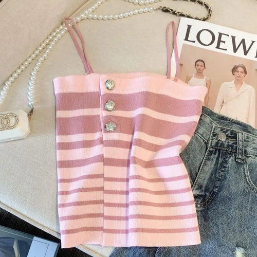 Load image into Gallery viewer, Retro Women Black White Striped Knit Crochet Top Summer Sexy Pink Patchwork Backless Single Breasted Short Spaghetti Strap Tops
