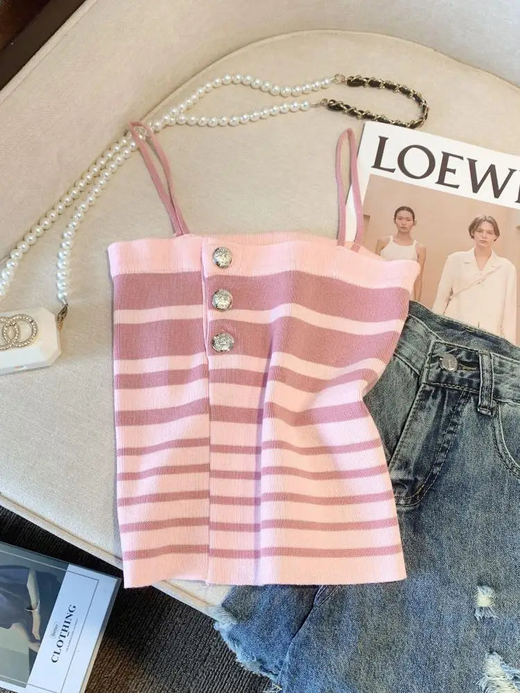 Retro Women Black White Striped Knit Crochet Top Summer Sexy Pink Patchwork Backless Single Breasted Short Spaghetti Strap Tops