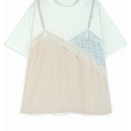 Load image into Gallery viewer, Women Black Lace False Two Big Size Elegant T-shirt New Round Neck Short Sleeve Fashion Tide Spring Summer 2025  1DJ0590
