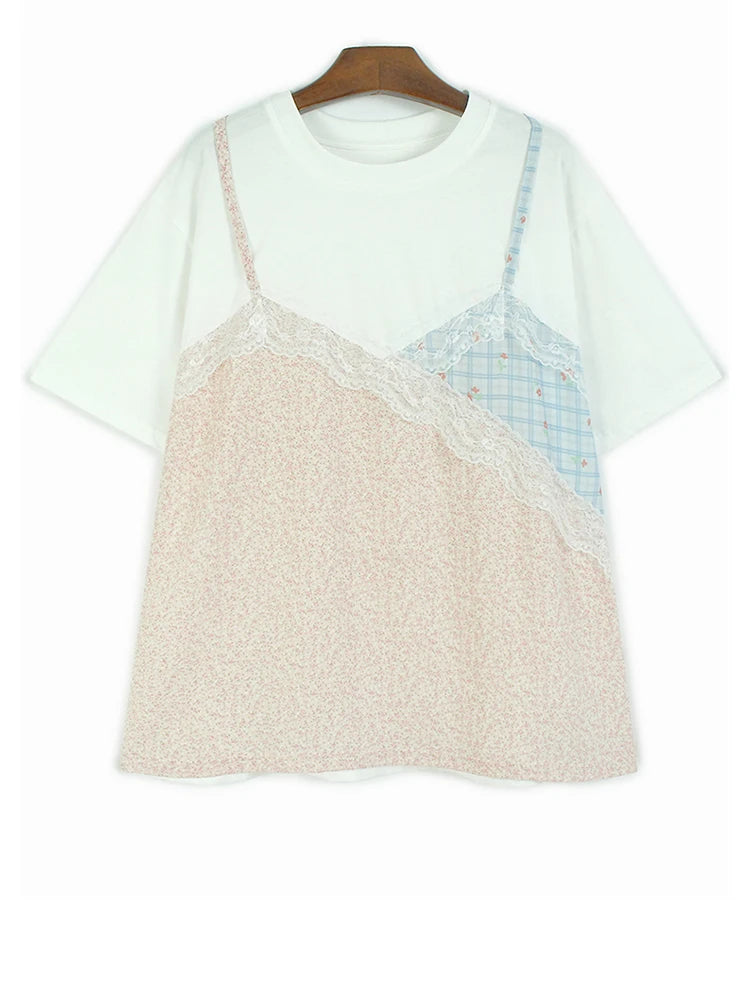 Women Black Lace False Two Big Size Elegant T-shirt New Round Neck Short Sleeve Fashion Tide Spring Summer 2025  1DJ0590