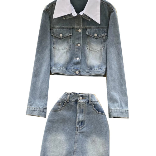 Load image into Gallery viewer, French Vintage Two Piece Set Women Blue Black Denim Patchwork Long Sleeve Single Breasted Tops And High Waist Short Skirt Spring
