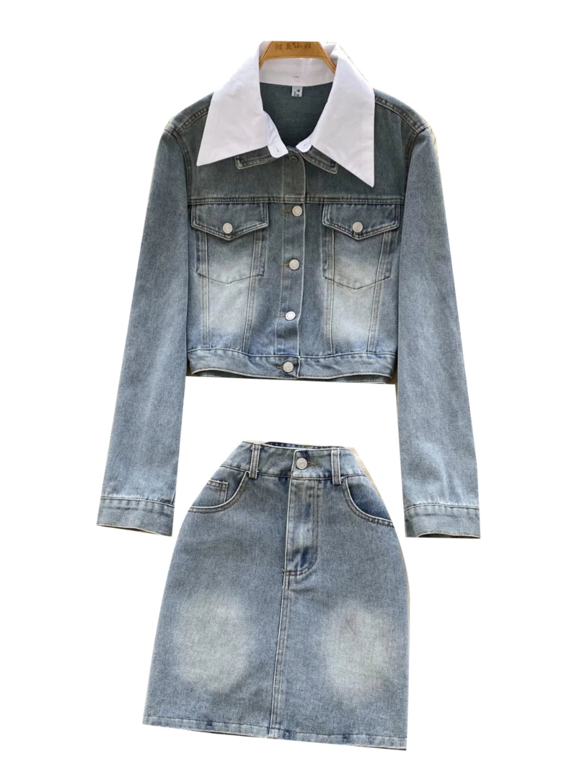 French Vintage Two Piece Set Women Blue Black Denim Patchwork Long Sleeve Single Breasted Tops And High Waist Short Skirt Spring