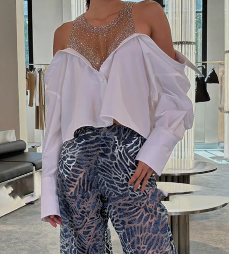 Hit Color Sheer Spliced Hot Fix Fashion Blouses for Women Round Neck Long Sleeves Patchwork Folds Blouse Female New