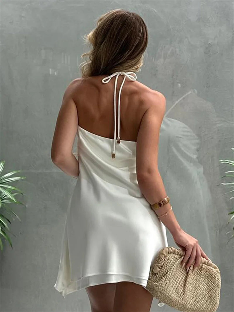Halter Off-shoulder Backless Sexy Mini Dress Women White Hollow Out Strapless Lace-up A-line Club Dress Summer 2025