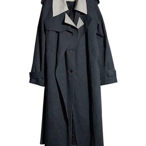 Load image into Gallery viewer, Women Gray Color-block Big Size Long Trench New Lapel Long Sleeve Windbreaker Fashion Tide Spring Autumn 2025 1DH7076
