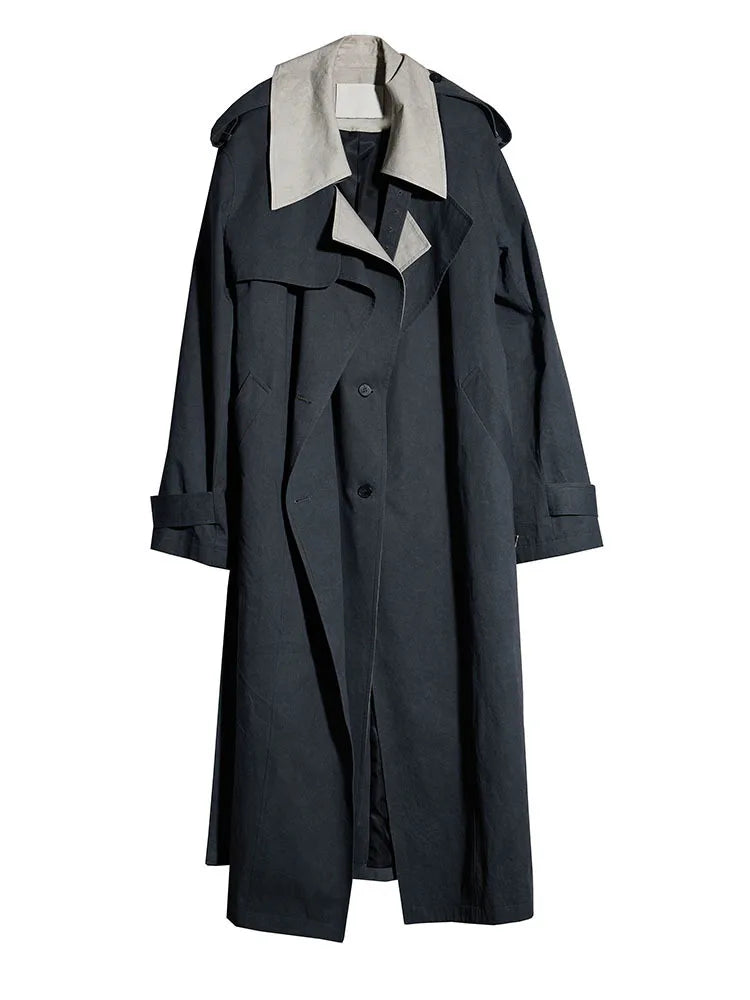 Women Gray Color-block Big Size Long Trench New Lapel Long Sleeve Windbreaker Fashion Tide Spring Autumn 2025 1DH7076