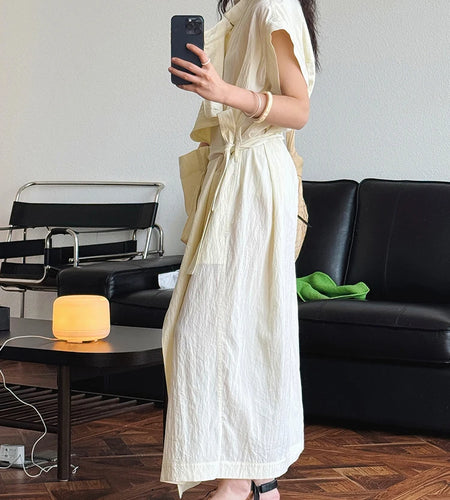 Women  Beige Ruffles Big Size Elelgant Long Dress New Stand Collar Short Sleeve Fashion Tide Spring Summer 2025 1DJ1406