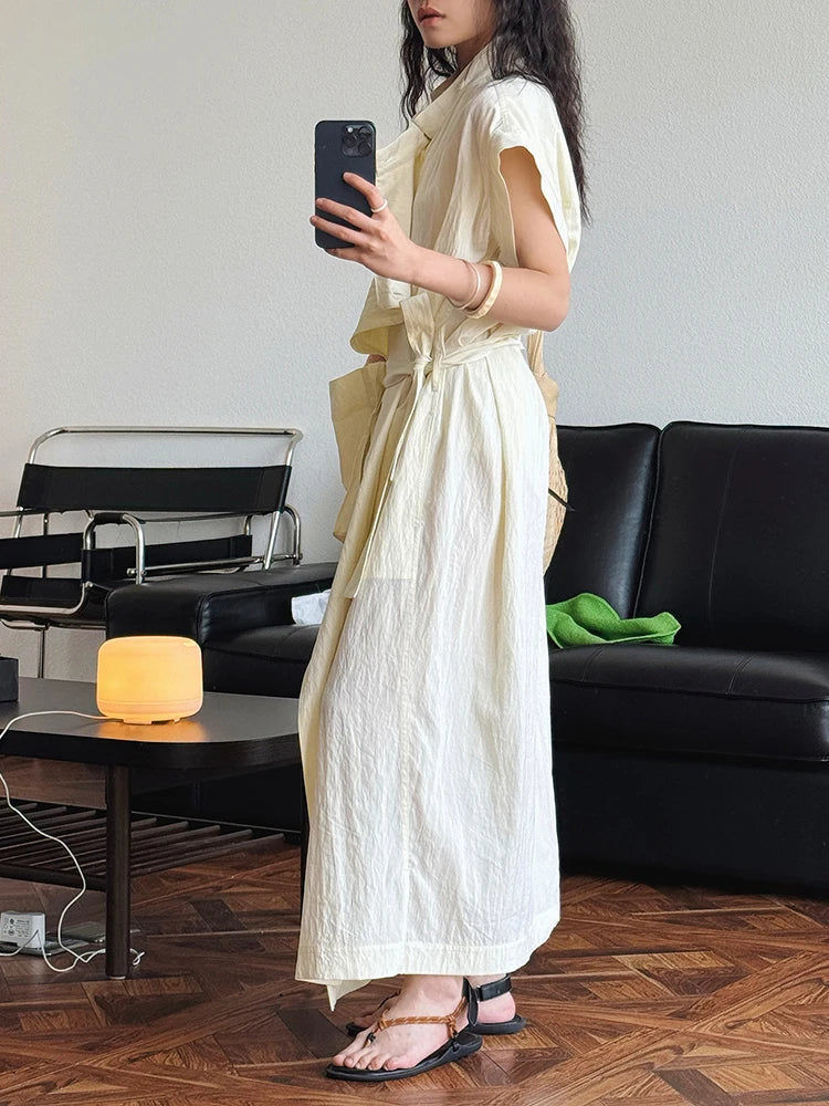 Women  Beige Ruffles Big Size Elelgant Long Dress New Stand Collar Short Sleeve Fashion Tide Spring Summer 2025 1DJ1406