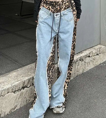 High Waist Leopard Print Denim Color-block Long Wide Leg Jeans New Women Trousers Fashion Tide Spring Autumn 2025 1DH8739
