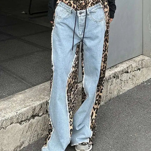 Load image into Gallery viewer, High Waist Leopard Print Denim Color-block Long Wide Leg Jeans New Women Trousers Fashion Tide Spring Autumn 2025 1DH8739
