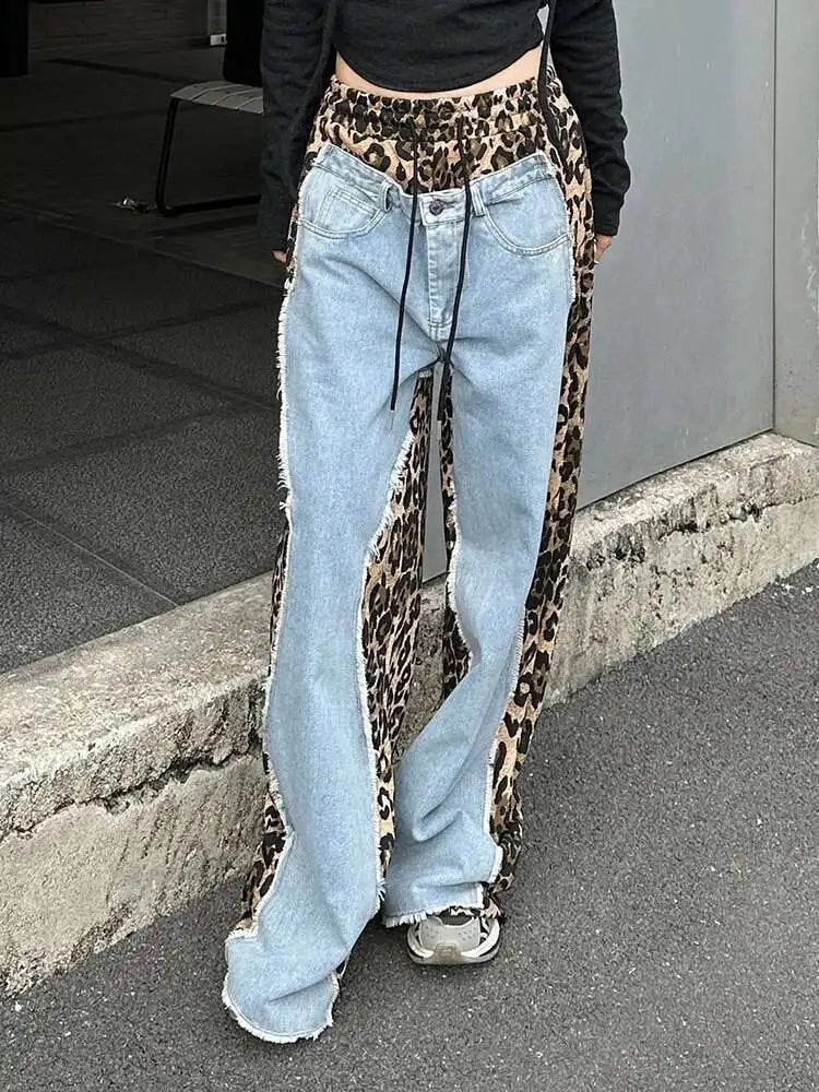 High Waist Leopard Print Denim Color-block Long Wide Leg Jeans New Women Trousers Fashion Tide Spring Autumn 2025 1DH8739