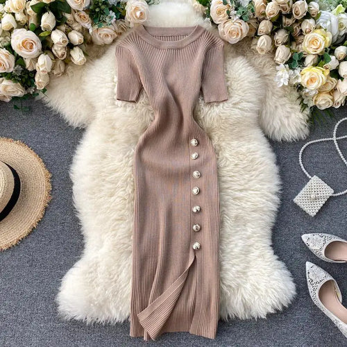 Load image into Gallery viewer, Summer Korean Solid Round Neck Slim Single Breasted Short Sleeve Long Dress Women Festival Wrap Hip Split Knitted Dress Popular
