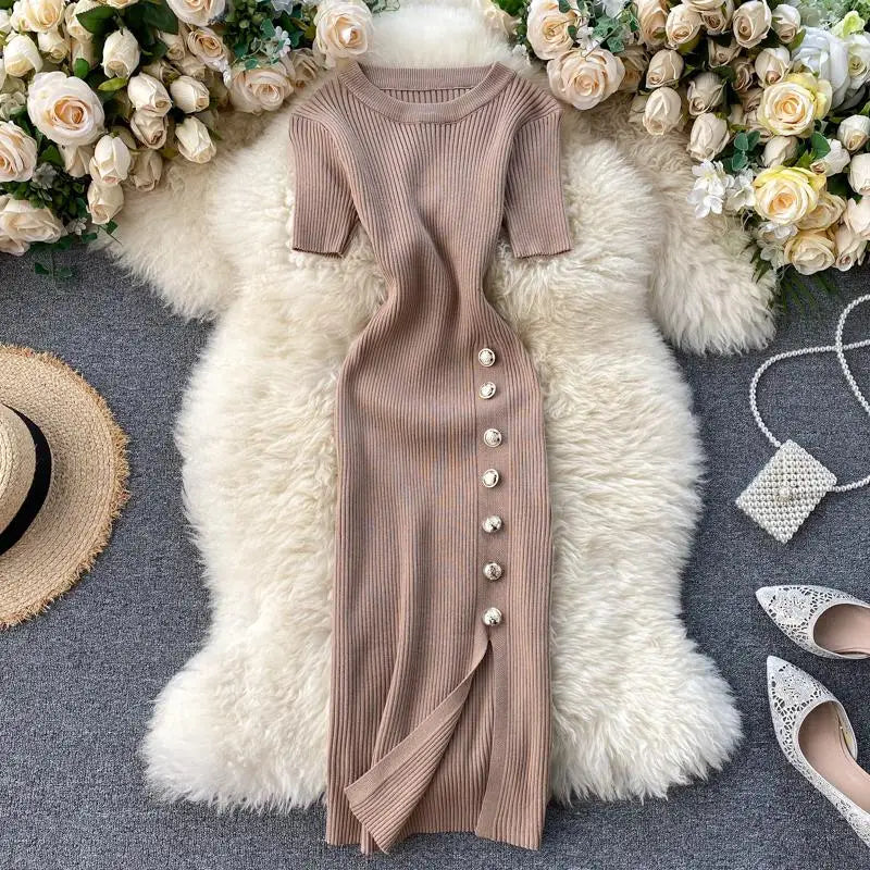 Summer Korean Solid Round Neck Slim Single Breasted Short Sleeve Long Dress Women Festival Wrap Hip Split Knitted Dress Popular