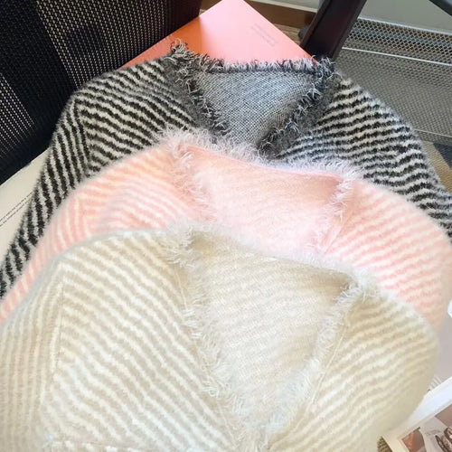 Load image into Gallery viewer, Autumn Winter Korean V Neck Striped Tassel Knitted Cardigan Coat Women&#39;s Elegant Single Breasted Thick Mohair Sweater Fashion

