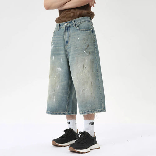 Load image into Gallery viewer, Niche Design Men&#39;s Denim Trousers Vintage Worn-out Ink Design Calf-length Pants Wide Leg Male Straigth Bottom 9C6312
