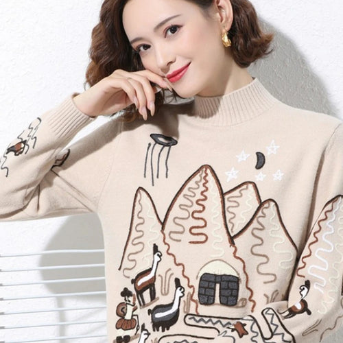 Load image into Gallery viewer, Women Sweater Korean College Style Cartoon Embroidery Winter Knitted Pullovers Loose Long Sleeve O-Neck Jumper Mujer Tops
