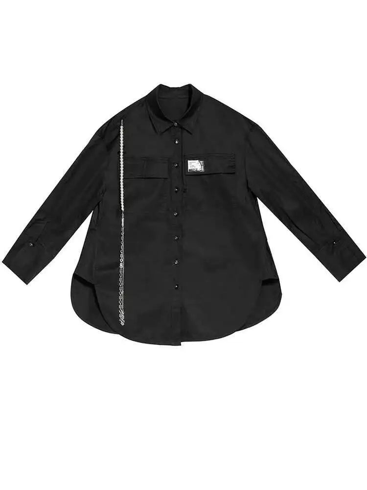 Women Black Metal Chain Long Big Size Blouse New Lapel Long Sleeve Loose Fit Shirt Fashion Tide Spring Autumn 2025 1DF1322