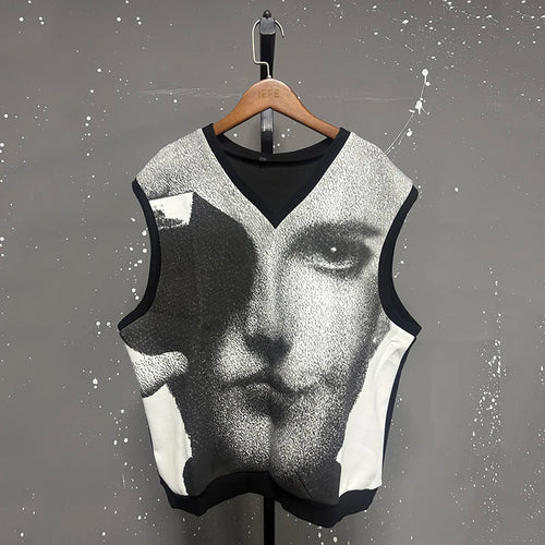 Load image into Gallery viewer, Fashion Men&#39;s Wear Two-piece Set Face Printing Trendy V-neck Sleeveless Vest Wide Leg Front Pleated Line Design 9C9233
