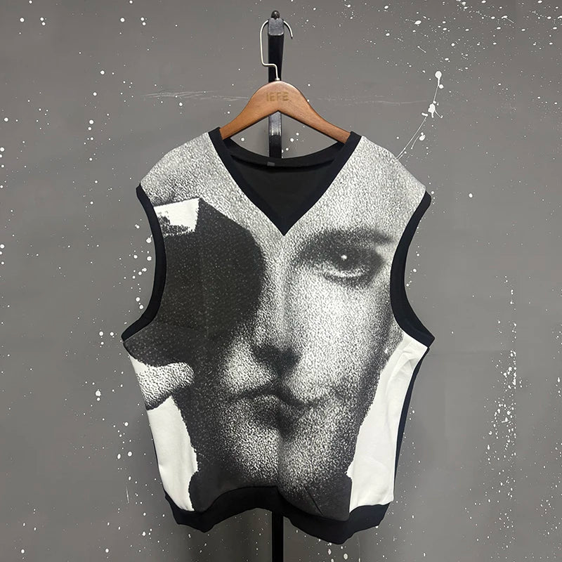 Fashion Men's Wear Two-piece Set Face Printing Trendy V-neck Sleeveless Vest Wide Leg Front Pleated Line Design 9C9233