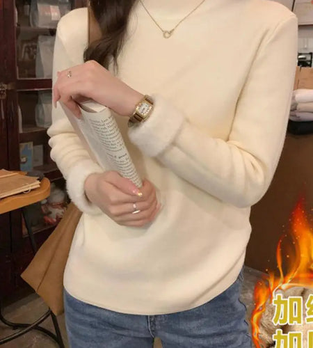 Solid Elegant Basic Knit Pullover Tops Women Half Turtlneck Velvet Sweater Long Sleeve Casual Slim Korean Fashion Autumn Winter