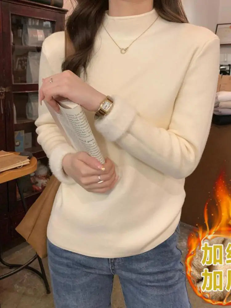 Solid Elegant Basic Knit Pullover Tops Women Half Turtlneck Velvet Sweater Long Sleeve Casual Slim Korean Fashion Autumn Winter