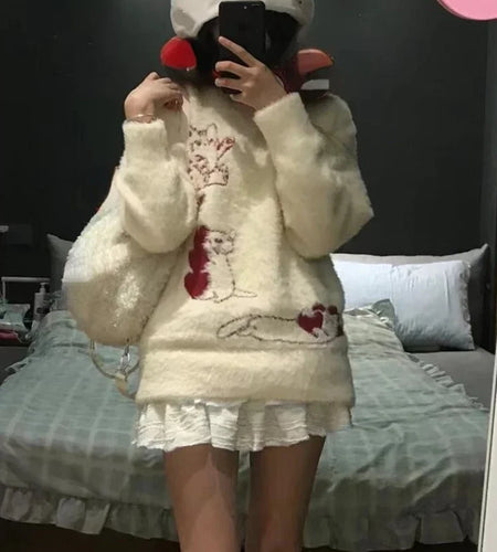 2025 Japanese Cartoon Sweet Kawaii Cat Women Sweaters Winter Grunge Loose Pullovers Y2k Aesthetic Loose Vintage Knitted Jumpers