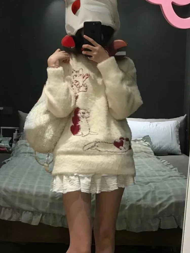 2025 Japanese Cartoon Sweet Kawaii Cat Women Sweaters Winter Grunge Loose Pullovers Y2k Aesthetic Loose Vintage Knitted Jumpers