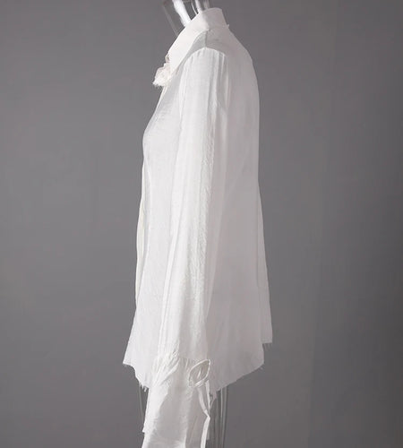 Women White Burr Hem Bandage Thin Elegant Blouse New Lapel Long Sleeve Shirt Fashion Tide Spring Autumn 2025 1DD6706