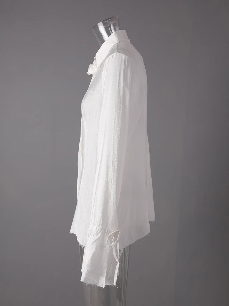 Women White Burr Hem Bandage Thin Elegant Blouse New Lapel Long Sleeve Shirt Fashion Tide Spring Autumn 2025 1DD6706