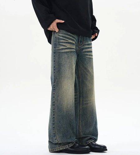 Men's Jeans Nostalgic Washed Cat Beard Design New American Style Straight Leg Gradient Color Tide Male Trousers 9W2025