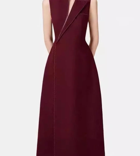 Women Gray Topstitched Mesh Elegant Shaped Long Dress New V-Neck Sleeveless Fashion Tide Spring Autumn 2025 1DJ0343