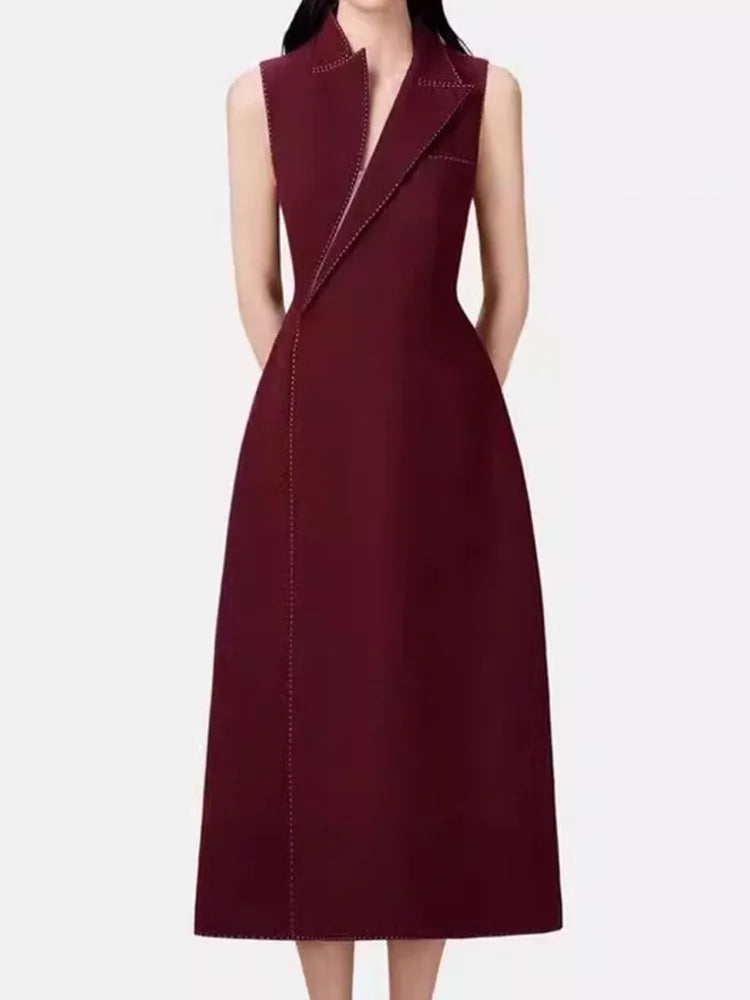 Women Gray Topstitched Mesh Elegant Shaped Long Dress New V-Neck Sleeveless Fashion Tide Spring Autumn 2025 1DJ0343