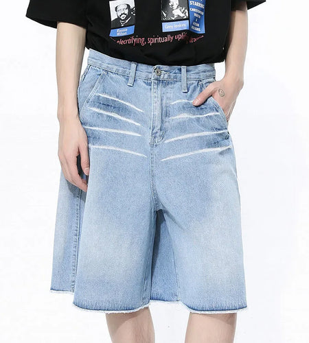 Men Denim Shorts Vintage Washed Gradient Color Loose Male Straight Jeans Knee-length Men's Wear Summer Fashion 9C4735