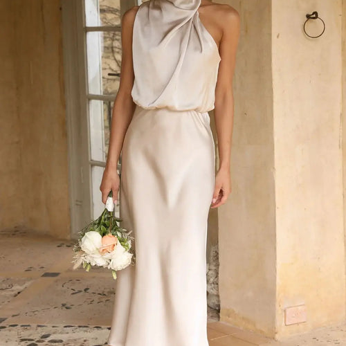 Load image into Gallery viewer, Elegant Sleeveless Satin Bodycon Dress Women 2024 Summer Irregular Hanging Neck Evening Dress Mid Dress Party Clubwear
