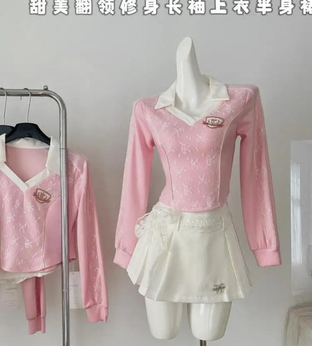 Women Autumn Winter 2024 New French Pink Splicing Elegant Long Sleeved Top And High Waist Lace Bandage Short Skirt Two Piece Set