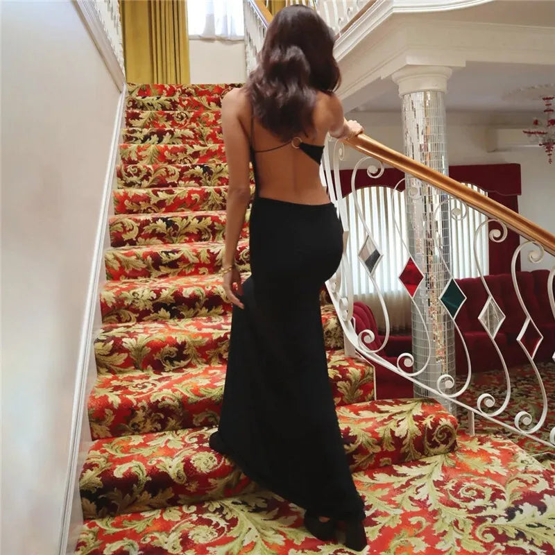 Skew Collar Backless Sexy Mini Dress For Women Gown Black Hollow Out Off-shoulder Sleeveless Bodycon Club Long Dress