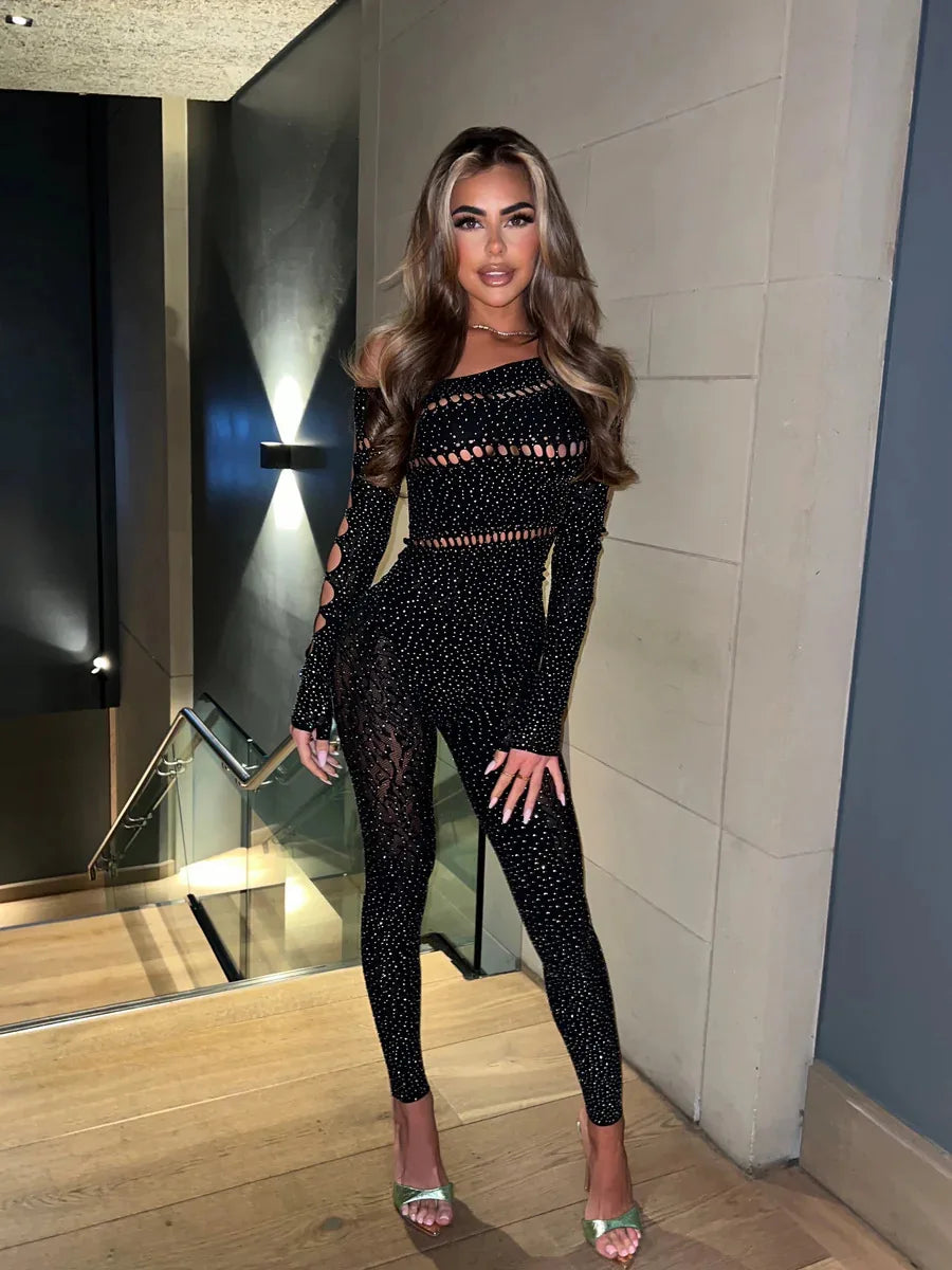 Sexy Tight Long Sleeved Hot Stamping Hollow Jumpsuit Women High Elasticity Jumpsuit Female Autumn New 2024 Club Clothing