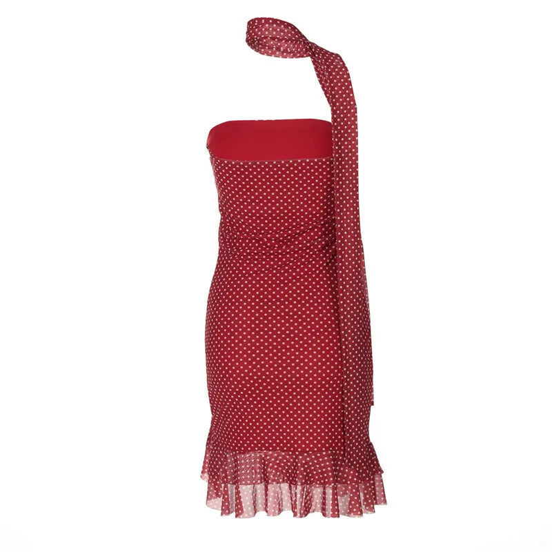 Scarf Collar Polka Dot Mini Dress Women Robe Fashion Off-shoulder Backless Sleeveless Ruffled Club Party Dress Vestido