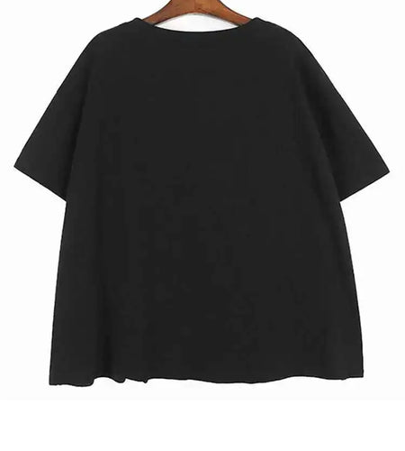 Women Black Color-block Shaped Big Size T-shirt New Round Neck Short Sleeve Fashion Tide Spring Summer 2025 1DH5563