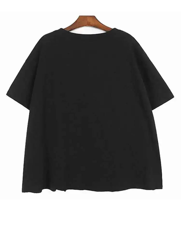 Women Black Color-block Shaped Big Size T-shirt New Round Neck Short Sleeve Fashion Tide Spring Summer 2025 1DH5563