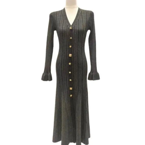 Load image into Gallery viewer, French Autumn 2024 New Women's Black Beige Single Breasted Temperament Knitted Dress Elegant Slim Office Lady Long Sleeve Dress
