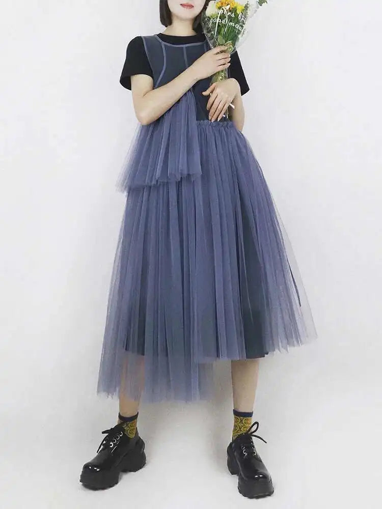 Women Green Mesh Irregular Elegant Dress New Round Neck Sleeveless Loose Fit Fashion Tide Spring Summer 2025 1DF9867